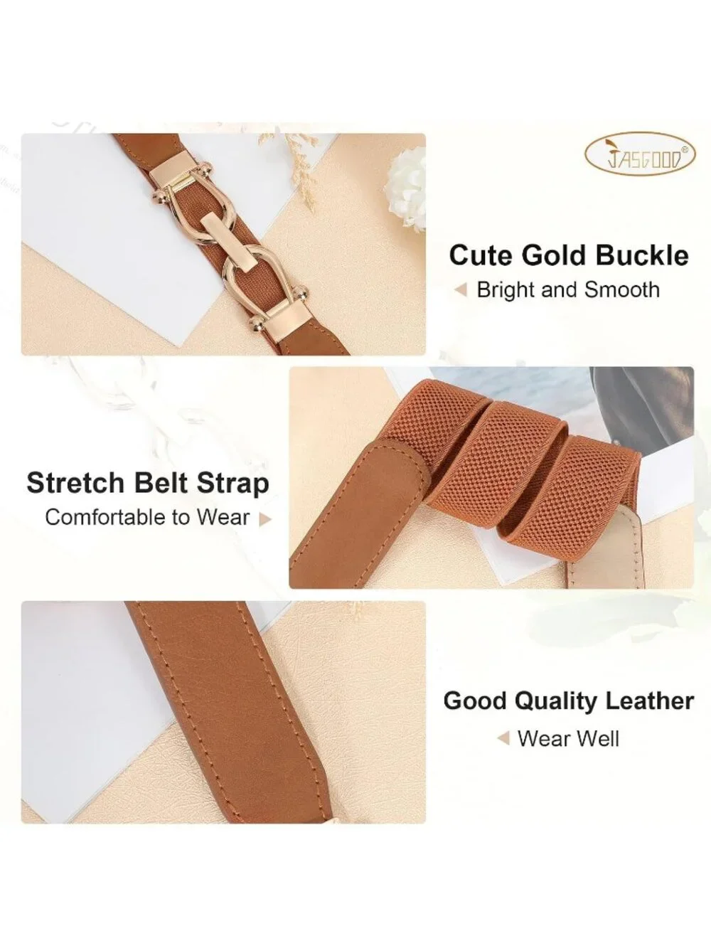 Women's Black Brown White Retro Elastic Stretch Belt 3-Pcs With Gold Buckle